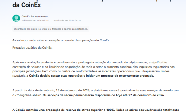 Corretora de criptomoedas CoinEx anuncia encerramento das atividades